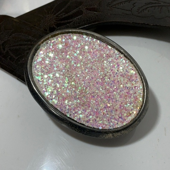 Italian Leather Belt Floral Embossed Western Design Glitter Buckle - Picture 2 of 10
